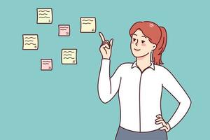 Smiling businesswoman point at sticky notes with numbers planning tasks. Happy woman prioritize to do list, share work schedule. Time management concept. Vector illustration.