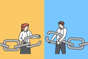 Businesspeople hold chain with missing link find solution together. Man and woman employee solve business problem together. Teamwork and cooperation concept. Vector illustration.