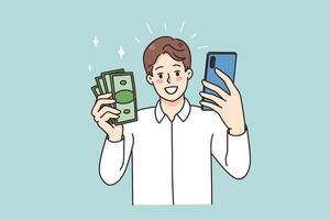 Smiling man holding smartphone and money excited with online lottery victory. Happy guy win cash on internet using cellphone. Working distant from mobile phone. Vector illustration.