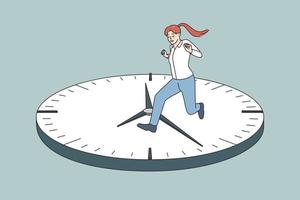 Worried young woman running on clock surface meeting deadline. Anxious girl feel in hurry worry be late for work. Life fast pace and speedy lifetime concept. Vector illustration.