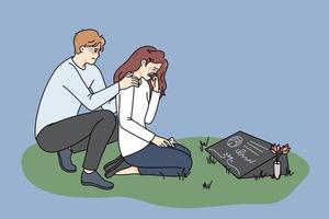 Depressed couple cry at cat gravestone at cemetery. Unwell stressed man and woman owners mourn grieve after domestic pet passing away. Canine memorial. Vector illustration.