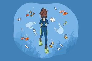 Scuba diver floating in contaminated with plastic garbage sea. Female swimming in ocean see water contamination. Concept of ecological catastrophe and ecosystem. Vector illustration.