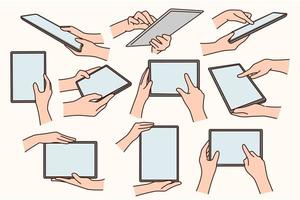 Collection of people hands hold modern tablet gadget browse internet. Set of person use pad device working online. Mockup screen, copy space. New technology. Vector illustration.