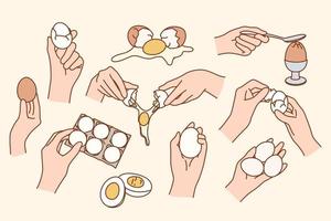 Set of raw, broken and boiled chicken eggs. Collection of whole and crashed white and yolk. Poultry and farming, eco and bio products concept. Flat vector illustration.