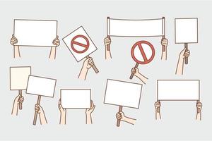 Set of people show banners with empty blank space for advertising. Collection of demonstrators or activists with mockup placards on meeting protesting. Freedom of speech. Vector illustration.