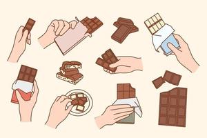 Set of people hold white and milk chocolate bars. Collection of person enjoy tasty delicious chocolates. Sweet dessert and sugar stuff concept. Confectionery. Flat vector illustration.