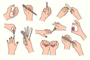 Set of woman do manicure with special tools and equipment. Collection of female nail hygiene and hand routine treatment. Spa and beauty salon care. Vector illustration.