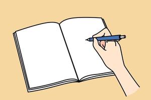 Person hand writing in blank notebook with pen. Write make note handwrite in notepad or diary. Education and learning concept. Flat vector illustration, cartoon character.