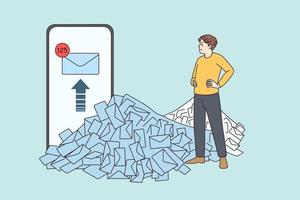 Unhappy male employee look at stack or unread emails think of workload. Man worker consider pile of mails and notifications of smartphone. Overwork and job stress concept. Vector illustration.