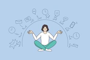 Calm woman sit in lotus position meditate distract from work deals and job troubles. Relaxed female practice yoga have digital detox. Meditation concept. Stress free. Vector illustration.