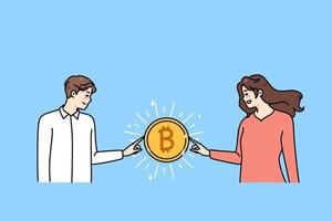 Happy man and woman touch hold bitcoin earn money on stock exchange. Diverse people involved in cryptocurrency mining or trading. Passive income, virtual gold. Vector illustration.