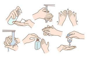 Set of person wash sanitize hands protect from covid-19 pandemics. Collection of caring people clean using sanitizer or liquid soap for coronavirus prevention. Healthcare. Vector illustration.