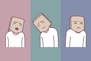 Person head in paper bag suffer from psychological mental problems. Man hide emotions struggling from depression or low self-esteem. Emotional instability. Vector illustration.