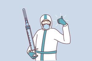 Confident doctor in protective uniform holding injection showing thumb up. Happy medical worker with syringe ready for people vaccination. Medicine, healthcare. Vector illustration.