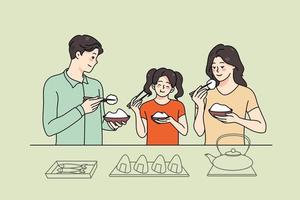Asian family with child at table eating traditional dish together. Smiling parents and kid enjoy tasty asia food. Vector illustration.