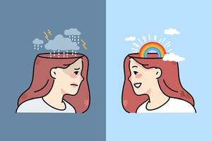 Young woman with bad mood and good mood. Unhappy and happy girl emotions. Concept of human emotional state and mindset. Flat vector illustration.