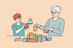 Loving elderly grey-haired grandmother play toys with small grandchild. Caring grandma build with blocks with smiling little boy child at home. Two generations. Vector illustration.