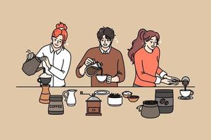 Diverse people making coffee in various ways. Men and women baristas prepare hot beverage in coffee machine. Alternative coffee preparation. Flat vector illustration.