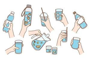 conjunto de personas sostener lentes y botellas con limón y hielo. colección de persona sensación sediento deshidratado disfrutar frío claro puro agua. hidratación y sano estilo de vida. vector ilustración.