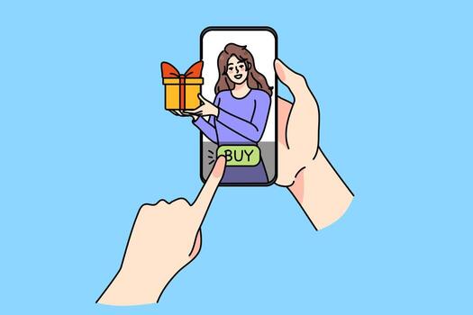 persona comprar presente en línea en Teléfono móvil utilizando móvil solicitud. personas orden regalo en Internet en teléfono inteligente concepto de sorpresa en aplicación o web. entrega programa. vector ilustración.