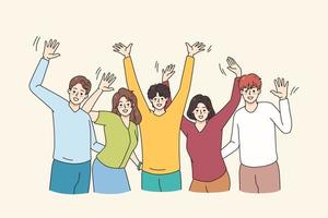 Happy young people raise hands paving having fun together. Smiling diverse friends celebrate or throw party posing for picture. Friendship and diversity concept. Flat vector illustration.
