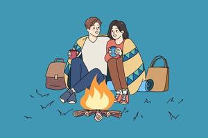 Happy couple sit near fire hugging cuddling drink warm tea or coffee enjoy romantic date outside. Smiling man and woman relax on evening nature weekend together. Romance. Vector illustration.