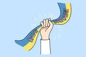Person hand holding Ukrainian flag saying Stop war protest against invasion. Activist support Ukraine stand against Russia invade European country ask peace. Flat vector illustration.