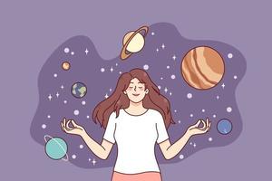 Calm happy girl meditate surrounded by planets. Young woman enjoy meditation dreaming or visualizing. Cosmos and universe. Astronomy concept. Flat vector illustration.