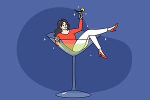 Overjoyed young woman lying in martini glass having fun drinking alcohol. Concept of bad habit or addiction. Happy girl addicted to alcoholic beverages. Alcoholism problem. Vector illustration.