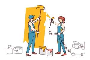 Couple designers paint wall involved in housing renovation. People renovate redecorate apartment. Interior design and decoration. Flat vector illustration.