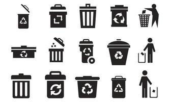set trash can icon flat design - Icon glyph solid black vector