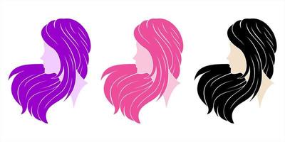 Woman heads logo. Beautiful female faces with long hair, beauty girl hairstyle logo silhouette vector elegance