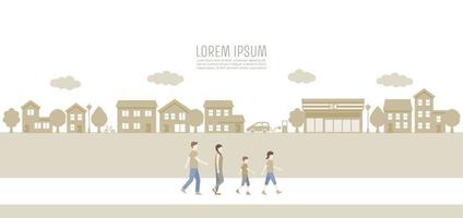 A family walking on street. simple landscape illustration vector