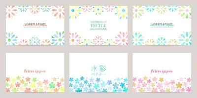 vector card design template with flower illustration, watercolor decoration on white background set