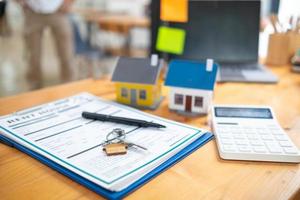 Real estate purchase documents are prepared within the real estate trading office for clients who wish to purchase real estate to sign a document confirming the completion of the purchase. photo