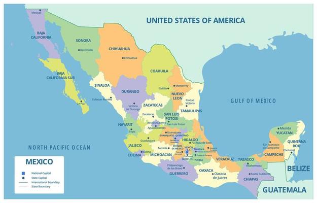United States And Mexico Map Vector - Mexico Detailed Map With States Free Vector
