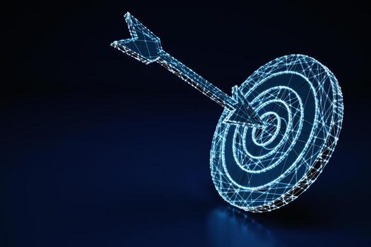 Concept of an illuminated wireframe digital arrow hit in the center a bullseye on dark blue background. 3D Rendering photo