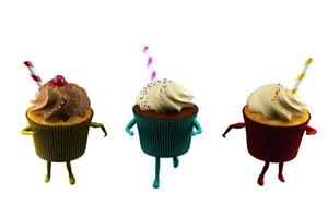 Fat cupcake with cream and candies run with legs and arms. 3d rendering photo