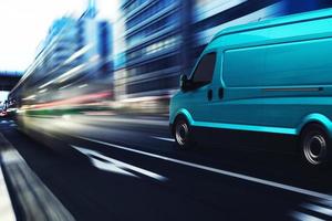 Transportation service with a cyan van moving fast on the road. 3d rendering photo