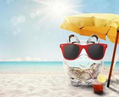 3D rendering of a piggybank on the beach photo