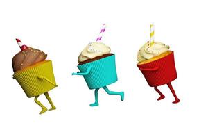 Fat cupcake with cream and candies run with legs and arms. 3d rendering photo