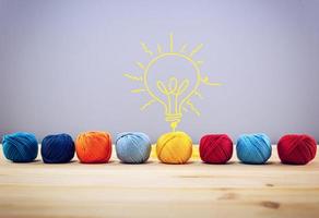 Concept of idea and innovation with wool ball that shapes a lightbulb photo