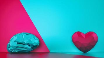 Comparison between reason and feeling. Faceted brain and heart on a two tone background. 3D Rendering photo