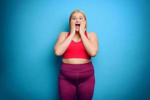 Fat woman with shocked and surprised expression. Cyan background photo