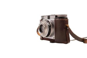 Vintage photographic machine with brown leather case and shoulder strap photo