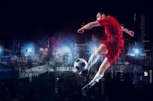 Football scene of a soccer player in action. Text effect in overlay with the most used terms. Abstract background photo