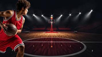 joven africano americano chico con baloncesto en el medio de el estadio Listo a Vamos a el cesta foto