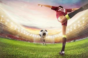 Soccer striker hits the ball with an acrobatic kick. 3D Rendering photo