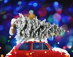 Ready to xmas with 3d rendering of Christmas tree on the roof of a vintage car photo