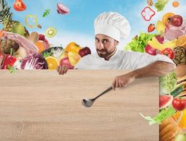 Chef with board and vegetables background photo